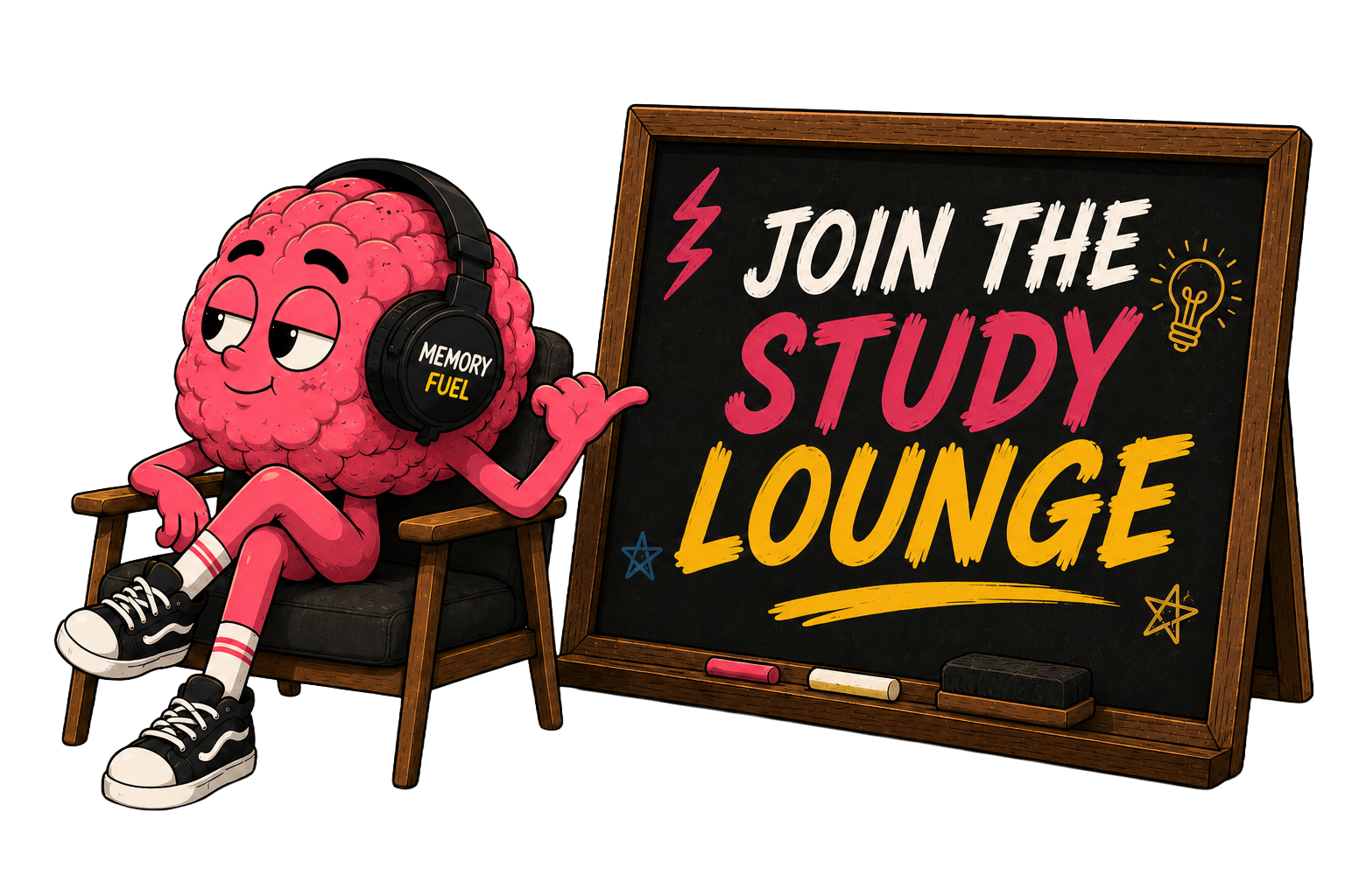 Memory Fuel brain mascot pointing to a chalkboard that says Join the Study Lounge